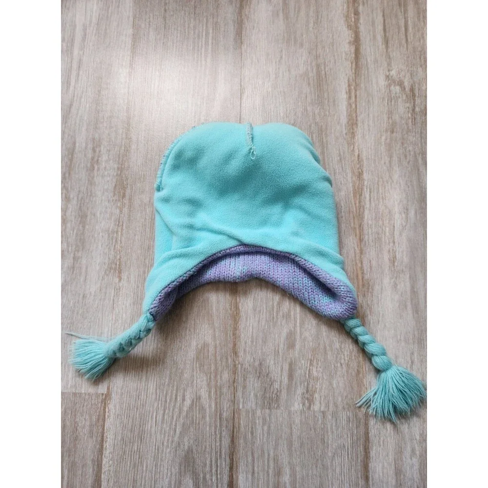 Disney Frozen Elsa Blue Purple Pom Tassel Beanie Fleece Knit Girls Sz 4-14 GUC